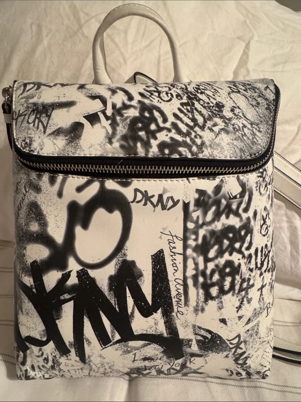 DKNY White and Black Graffiti Print Leather Backpack